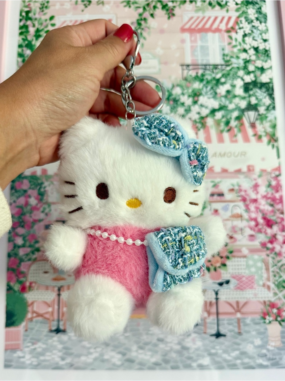 Hello Kitty Bag Charm/Keychain with Pink Outfit & Light Blue Tweed accessories 💕